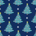 Vector seamless Christmas tree pattern with red balloons and a bright yellow star on top on a blue background with snowflakes Royalty Free Stock Photo