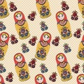 Vector Seamless classic folklore pattern of Russian Dolls and flowers. Royalty Free Stock Photo