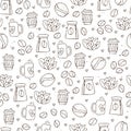 Vector seamless coffee pattern with coffee beans and leaves, sack of coffee seeds, cofe equipment. Hand draw cafe Royalty Free Stock Photo