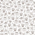 Vector seamless coffee pattern with coffee beans and leaves, sack of coffee seeds, cofe equipment. Hand draw cafe Royalty Free Stock Photo