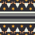 Vector seamless color pattern with simplified buffalo skull, sheriff star and stripes. Wild west cowboy symbolic textile