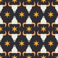 Vector seamless color pattern with simplified buffalo skull and sheriff star. Wild west cowboy authentic symbolic