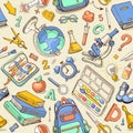 Vector seamless color pattern of sketchy school supplies.