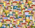 Vector seamless colored city background with cute houses and trees