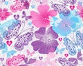 Vector seamless colorful floral valentines pattern with flowers, hearts and butterflies in doodle style Royalty Free Stock Photo