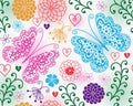 Vector seamless colorful floral valentines pattern with hearts and butterflies in doodle style Royalty Free Stock Photo