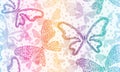 Vector seamless colorful gradient pattern with hand drawn dotty butterflies