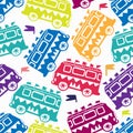 Vector seamless colorful pattern ornamental buses with flags on white background Royalty Free Stock Photo