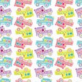 Vector seamless colorful pattern ornamental buses with flags on white background Royalty Free Stock Photo