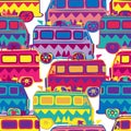 Vector seamless colorful pattern ornamental buses with flags on white background Royalty Free Stock Photo