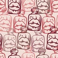 Vector seamless colorful pink abstract pattern of ornamental lips in test tube