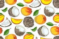 Seamless pattern of whole and pieces of coconut and mango