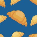 Vector seamless croissant pattern on blue background. Design for cards, menu, textile, fabric