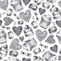 Vector seamless cupcakes, sweets, macaroons, hearts hand drawn pattern. Black and white vintage doodle