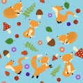 Cute fox seamless pattern. Foxy endless background, texture. Children`s backdrop. Vector illustration