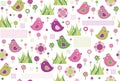 Vector seamless cute pattern, birds and flora. Royalty Free Stock Photo