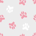 Vector seamless cute pattern with colored turned traces of animals on a grey monochrome background.