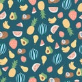 Vector seamless cute summer background. Pineapple, watermelon, coconut, avocado, pear and banana Royalty Free Stock Photo