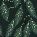 Seamless dark green with gold veins leafy floral pattern