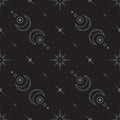 Vector seamless dark mystical pattern with magic stars and moons. Black diagonal esoteric boho background with crescents