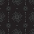 Vector seamless dark mystical pattern with magic sun, stars and moons. Black linear esoteric boho background