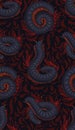 Vector seamless dark pattern with centipedes with foliage and stems on gray background. Texture with a julida and foliage