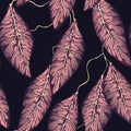 Seamless mistic dark pink, purple with gold veins leafy floral pattern, background.