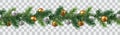 Vector seamless decorative border with green branches and christmas baubles isolated on transparent background Royalty Free Stock Photo