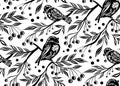 Vector seamless decorative pattern with birds and rowan berries on branches. Black tracery texture with bullfinches in the bushes