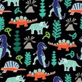 Vector seamless dino pattern in Aqua menthe, phantom blue and lava lush colors