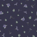 vector seamless ditzy flying hummingbird leaf floral pattern, spring summer time, gentle romantic on a dark purple