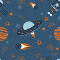 Vector seamless doodle illustration on the theme of space travel and adventure Royalty Free Stock Photo
