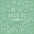 Vector seamless doodle pattern school and school supplies, stationery, books, backpacks, school bus. Chalk imitation on a green Royalty Free Stock Photo