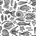Vector seamless doodles underwater ocean pattern. Royalty Free Stock Photo