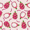 Vector seamless Dragon fruit pattern. Pitaya on a light background. Bright juicy tropical fruits. Design for printing, Wallpaper Royalty Free Stock Photo