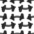 Vector seamless dumbbell pattern, drawn in a doodle style in gray with a black outline, a curved dumbbell is geometrically