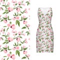 Vector seamless embroidery, floral pattern of leaves and rose on classic women`s dress mockup. Vector illustration. Hand