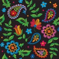 Vector seamless embroidery paisley pattern, decorative textile ornament, pillow or bandana decor. Bohemian handmade