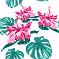 Vector seamless fashionable graphical free hand drawing hibiscus flowers with palm tree monstera leaves print on mint background.