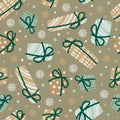 Vector seamless festive christmas pattern. Flat green, gold, white gifts, snowflakes, stars isolated on bronze Royalty Free Stock Photo