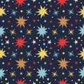 Vector seamless festive pattern for new year or christmas with colored stars on dark blue background Royalty Free Stock Photo