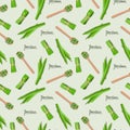 Vector seamless flat lay pattern of pandan leaves, shredded pandan spices in wooden spoon and wrapped leaves on green background