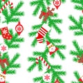 Vector seamless flat pattern with fir tree, santa claus, christmas socks, deer, candy, toys in the white background. Happy New Yea