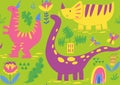 Vector seamless flat style pattern with cute dinosaur characters Royalty Free Stock Photo