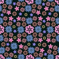 Vector seamless floral background with a pattern of different small flowers in pastel colors on a black background