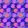 Vector seamless floral background stylish pattern with tulip flowers close-up on a bright blue background, trendy print for fabric
