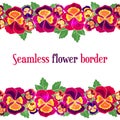 Vector seamless floral border. Design for wedding invitation, flower shop and beauty salons. Bright pansies on white Royalty Free Stock Photo