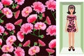 Vector seamless floral pattern with asters for fabric, wrapping, scarf, hijab. Cartoon brunette doll in a cardboard box in a dress