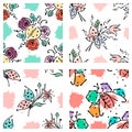 Vector seamless floral pattern with butterfly, apis, ladubug, splash, blots, drop Hand drawn contour lines and strokes Doodle sket