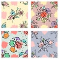 Vector seamless floral pattern with butterfly flowers, leaves, decorative elements, splash, blots, drop Hand drawn contour lines a